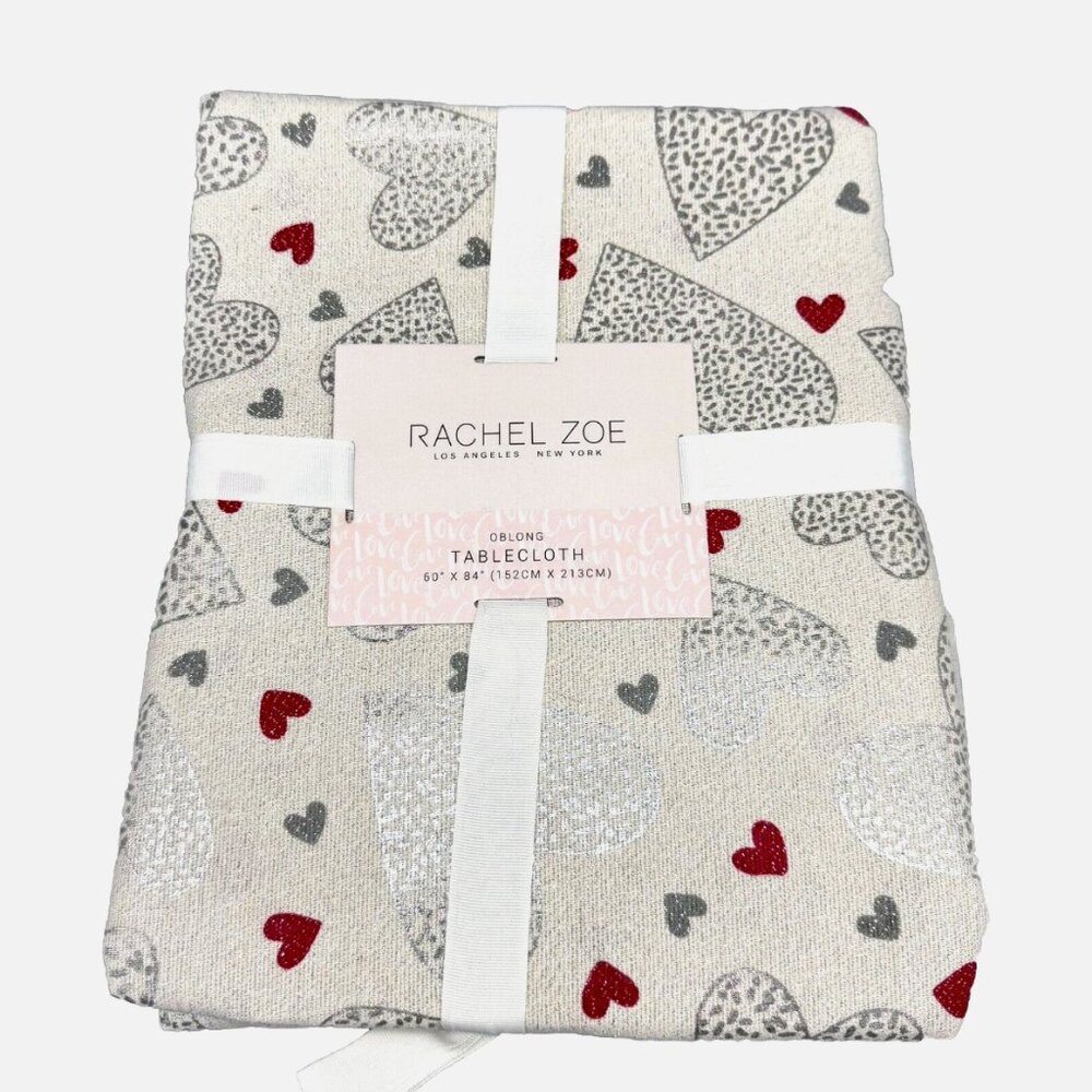 Rachel Zoe Silver Raspberry Red Hearts Sparkle Tablecloth 60x84 Valentine's Day